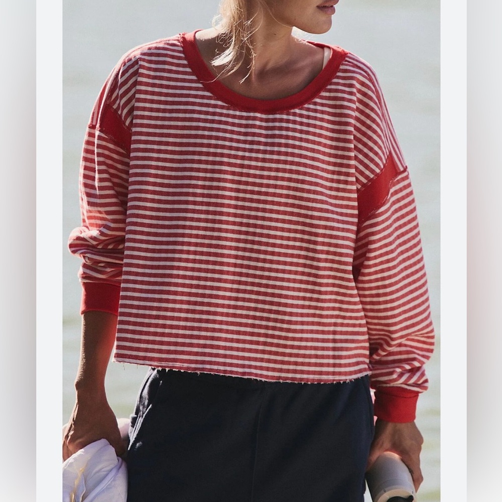Free People Red and White Striped Sweatshirt